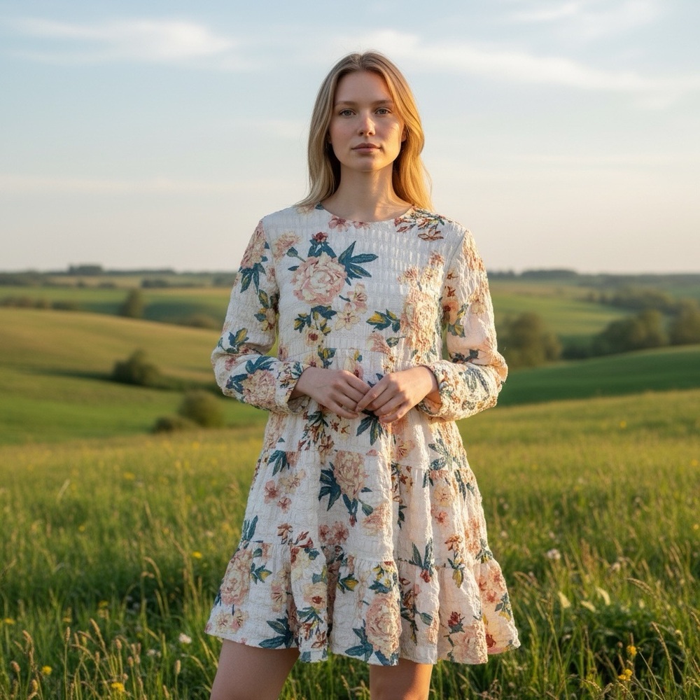 Zara The Sharon Pucker Ruffled Floral Patterned Long Sleeve Dress Size Medium